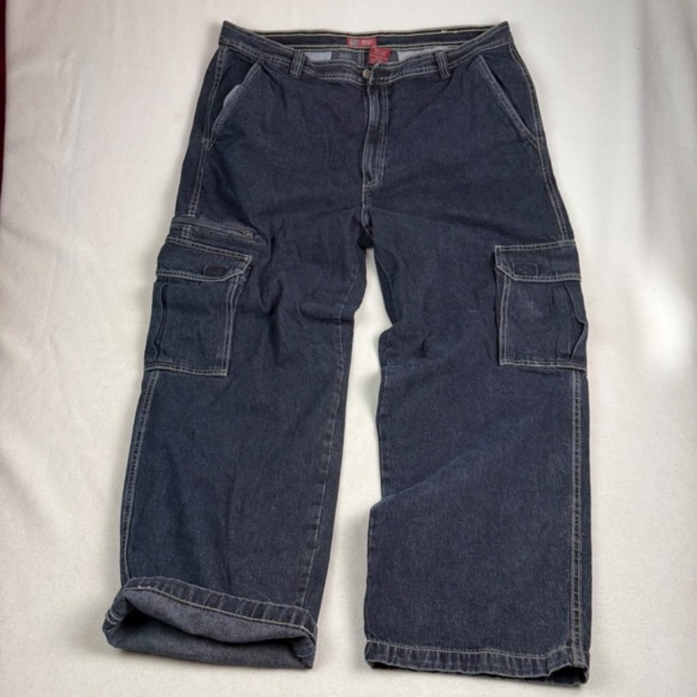 Faded Glory Mens Cargo Jeans Dark Wash Blue Relaxed Fit Utility Pants 40x32
